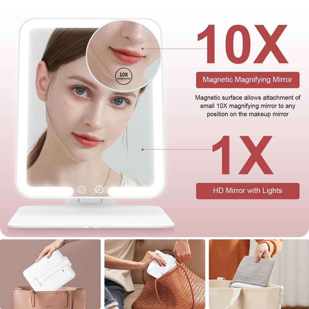 Travel Makeup Mirror with Lights and Magnification 10X, White