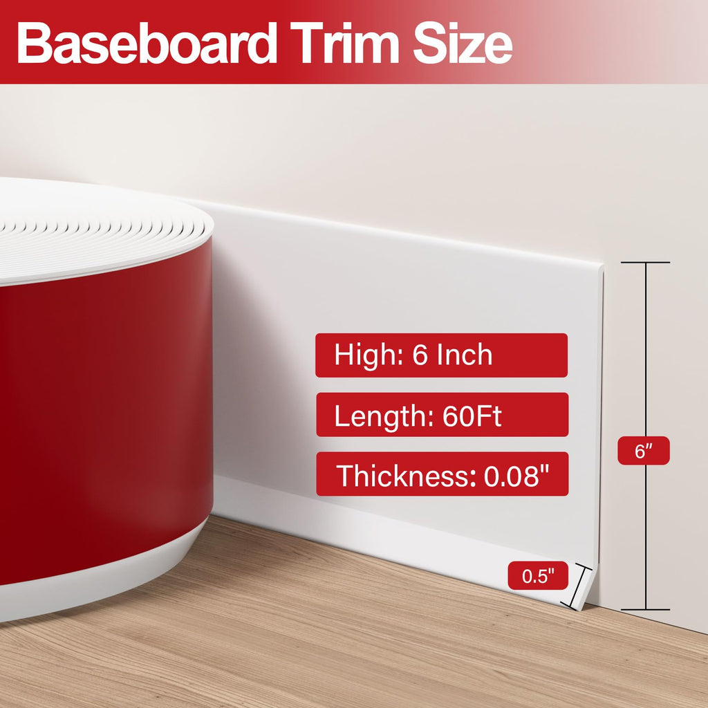 Flexible Vinyl Baseboard Trim, 6 Inch Peel and Stick Molding Trim