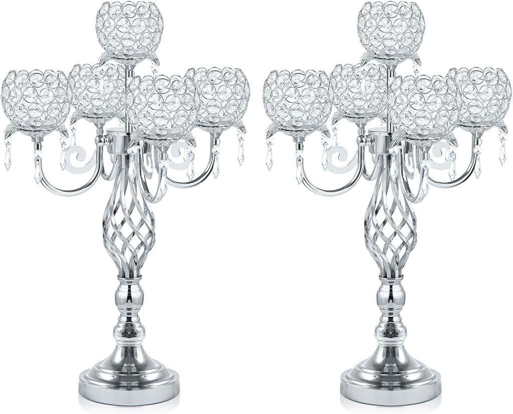 5-Arm Crystal Candelabra Centerpiece 23.2" Tall - Elegant Candle Holder Stand with Crystal Bowl, Chic Table Decor for