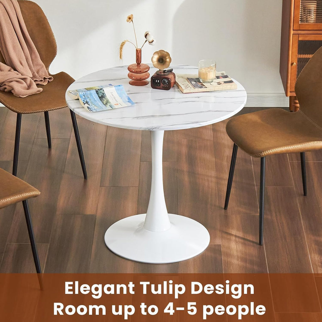 Inspired Saarinen Style Tulip Round Pedestal Dining Table — Faux Marble White, 31.5″ Round