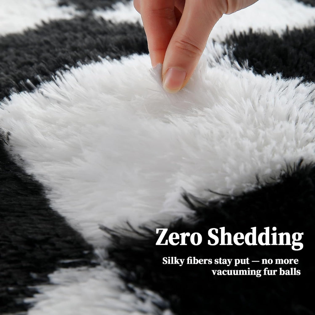 Checkered Shag Area Rug 8'x10', Black and White Plush Rug, Non-Slip Soft Carpet Nursery, Modern Floor Decor with