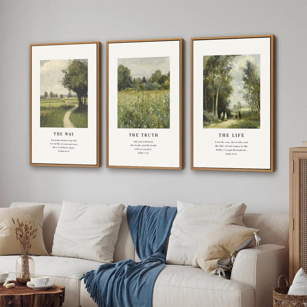 Christian Scripture Framed Canvas Wall Art Set, Jesus Bible Verse Posters Wall Decor, Vintage Monet Nature landscape