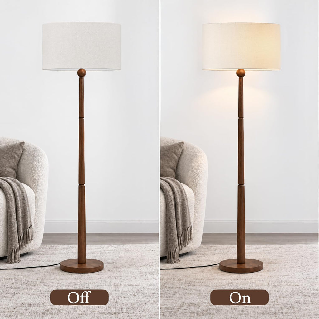 65 Inch Single Ball Walnut Wood Floor Lamp with Linen Shade, Cream