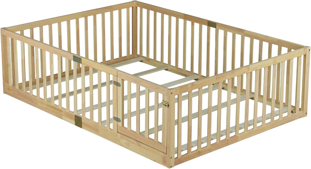 Toddler Floor Bed with Door&High Rails, Natural