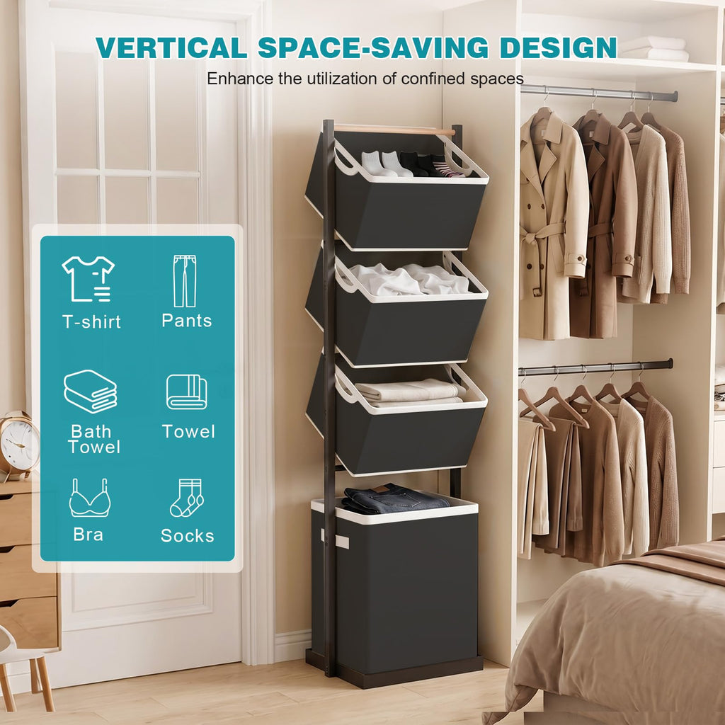 4-Tier Laundry Hamper Sorter, Vertical Laundry Sorter with Removable Basket