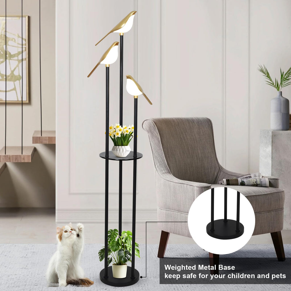 Black and Gold Floor Lamp, Bird Floor Lamp with Shelves, Modern floor Lamps, 3-Light Corner Standing Lamp, LED Stand