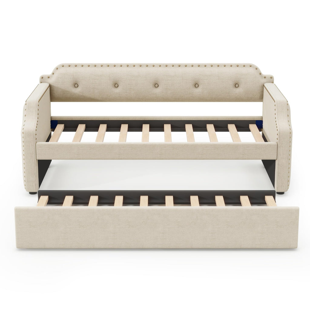 Twin Size Daybed with Trundle, Upholstered DayBed and A Trundle, Modern Tufted Sofa Bed Linen Fabric Daybed, Solid