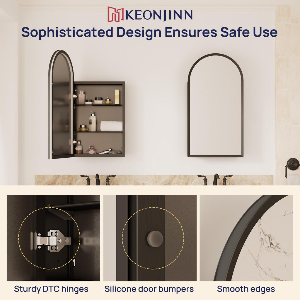 Black Medicine Cabinet with Mirror 16"x30", Arched Wall Cabinet