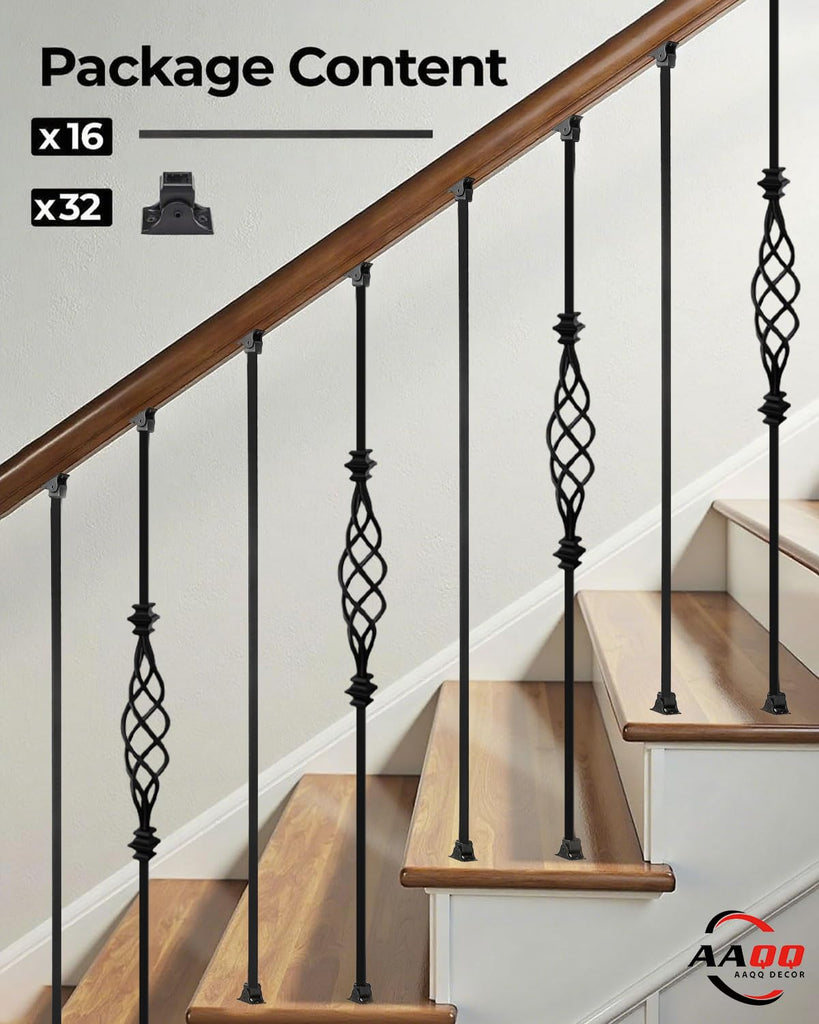 16 Pack Balusters for Staircase Interior Hollow Big Basket and Straight Stair Spindles 1/2" Square Iron Balusters