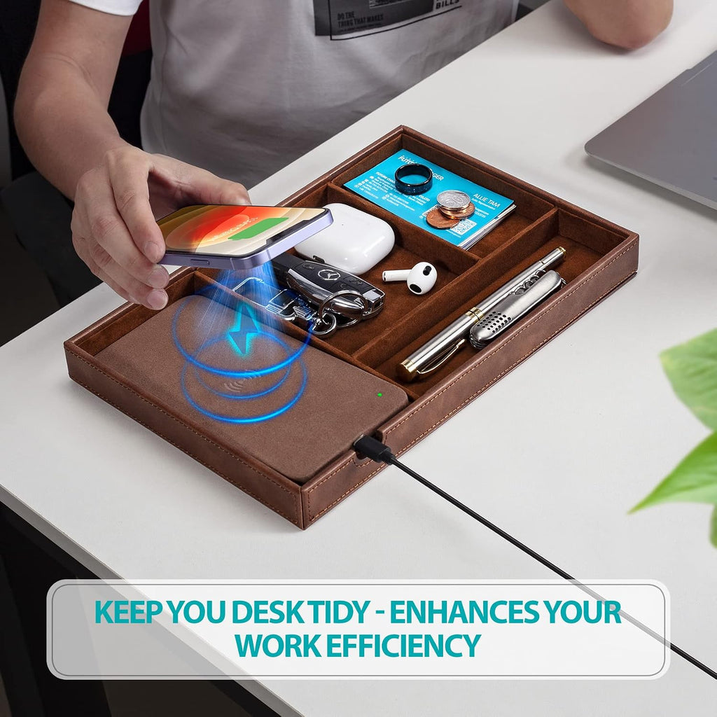 Valet Tray, Built in Wireless Charging Pad, Nightstand Organizer