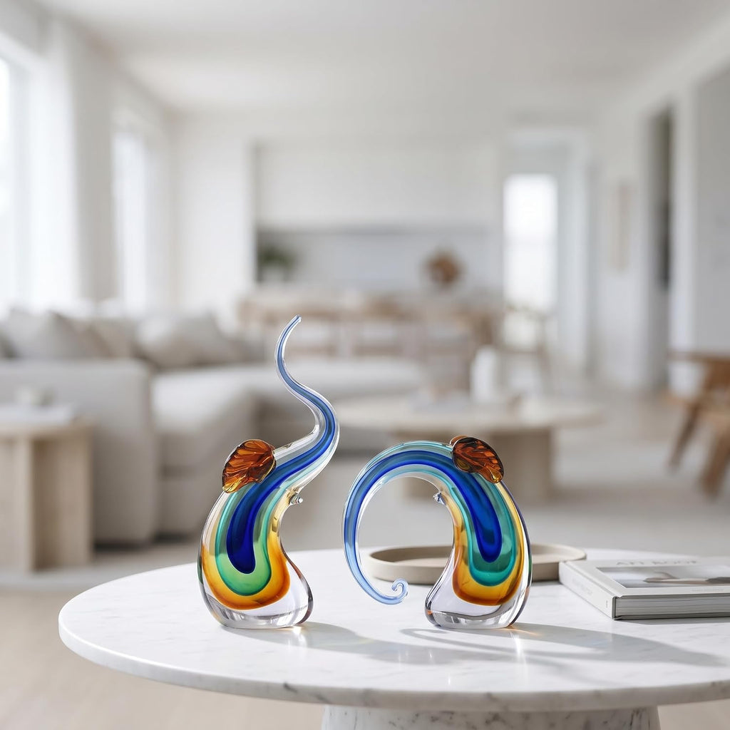 Hand Blown Elephant Statues Set - Luxury Sculptures Home Decor Art Glass Ornament Animal Collectible (Blue)