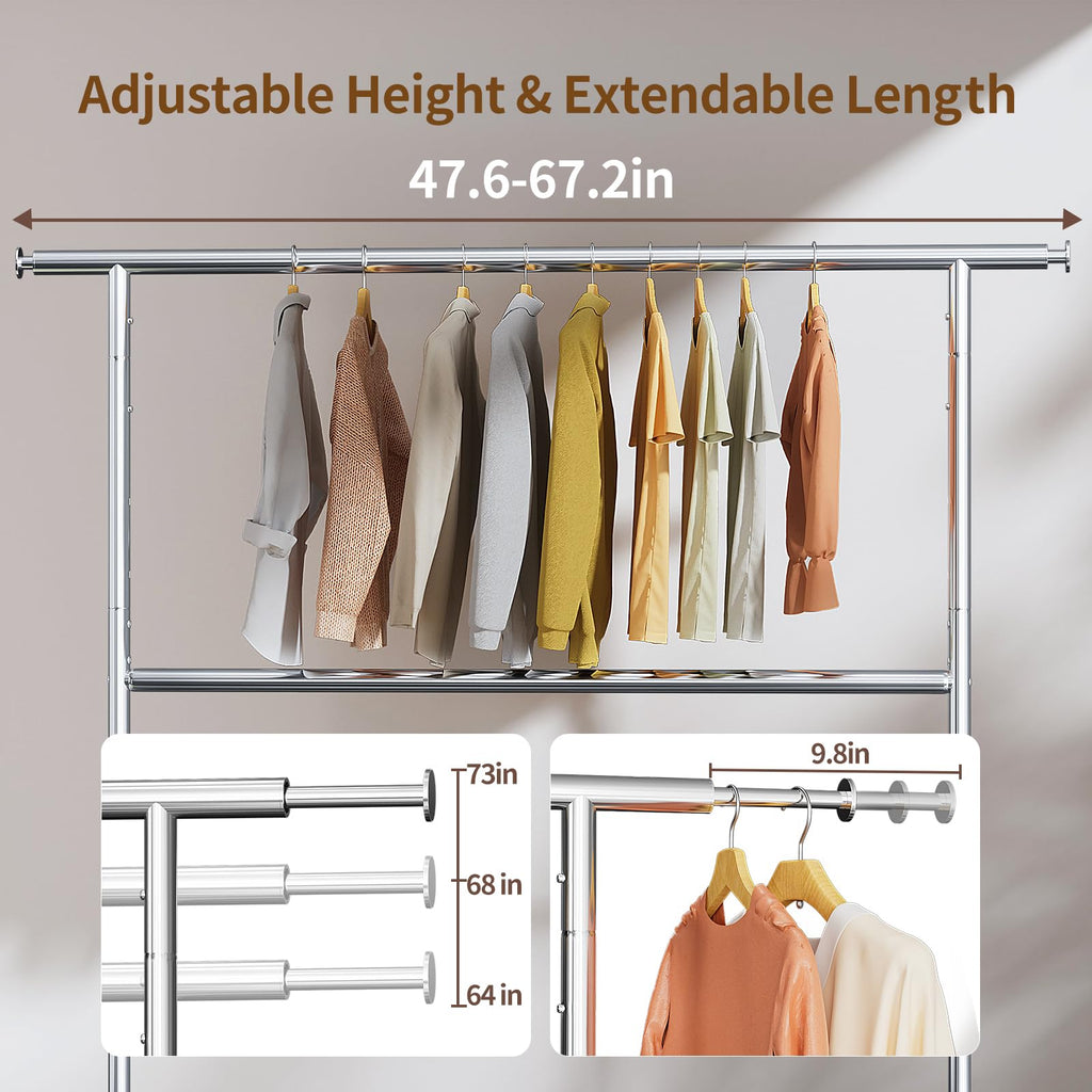 Heavy Duty Clothes Rack with Lockable Wheels Load 600 LBS, Silver