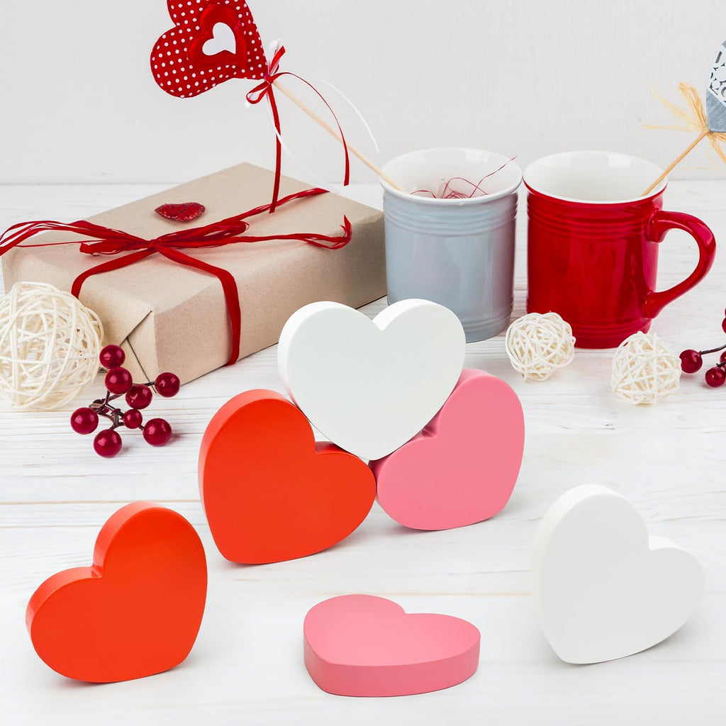 Valentines Day Hearts Decorations for the Home Table , Red Pink White Wooden Heart Shaped Signs for Tiered Tray - Set of 6
