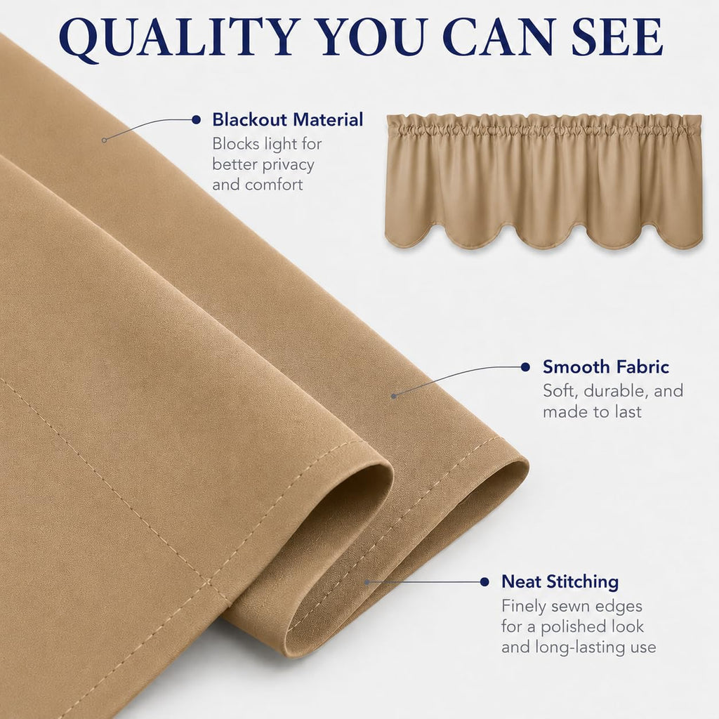 Short Valances for Windows Rod Pocket Blackout Scalloped Valance Solid Decorative Curtain Valence Bedroom, 52inch