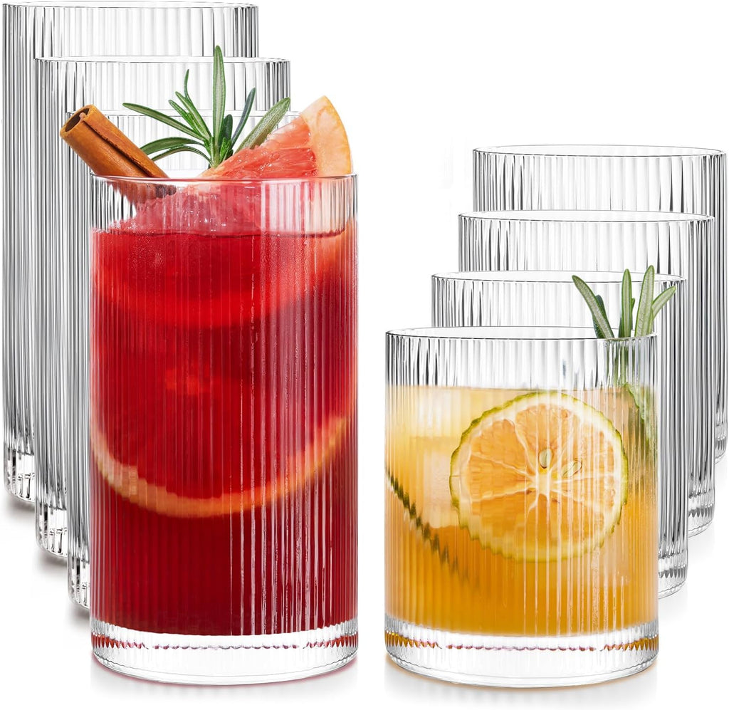 Drinking Water Glasses Set, Lead-Free Crystal Highball Glass, Tall Glass Cups for Cocktail Parties,ribbed set of