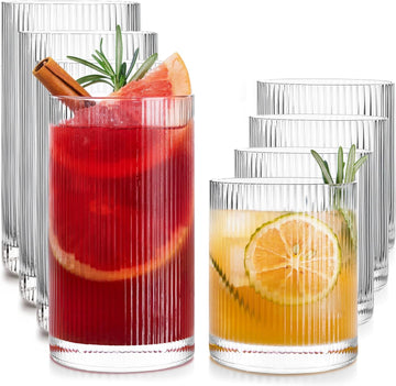 Drinking Water Glasses Set, Lead-Free Crystal Highball Glass, Tall Glass Cups for Cocktail Parties,ribbed set of