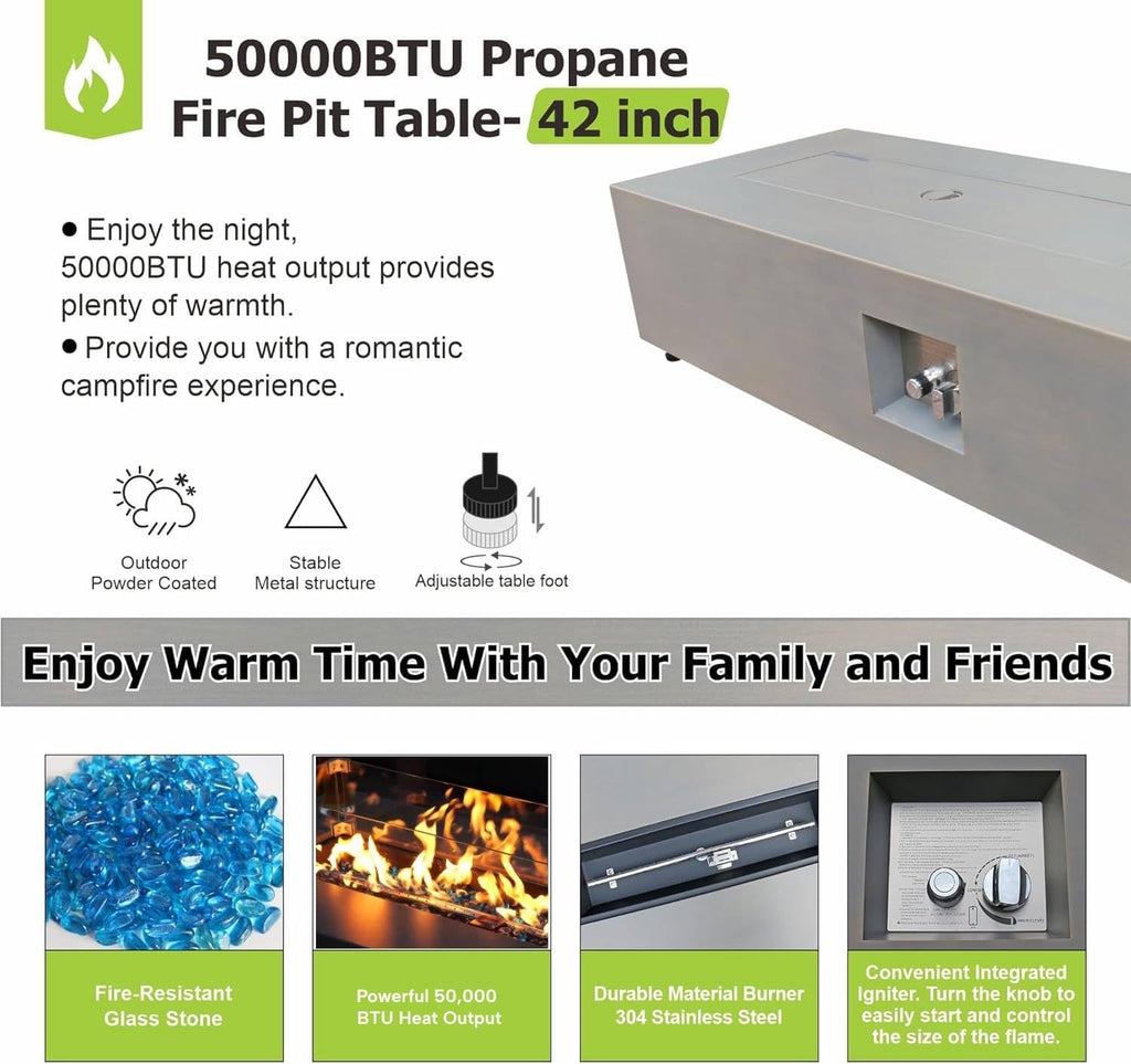 42" Rectangular Propane Fire Pit - 50,000 BTU Fire Table with Wind Guard Glass, Lid, Rocks and Cover