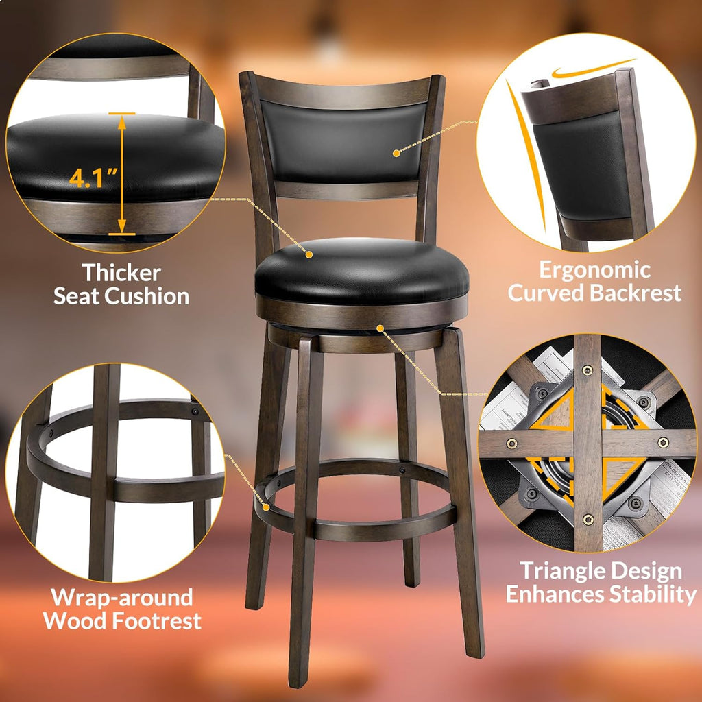 Swivel Bar Stools Set of 2, 30 Inch Bar Height Barstools, Black Faux Leather Bar Stool with High Backrest & Solid