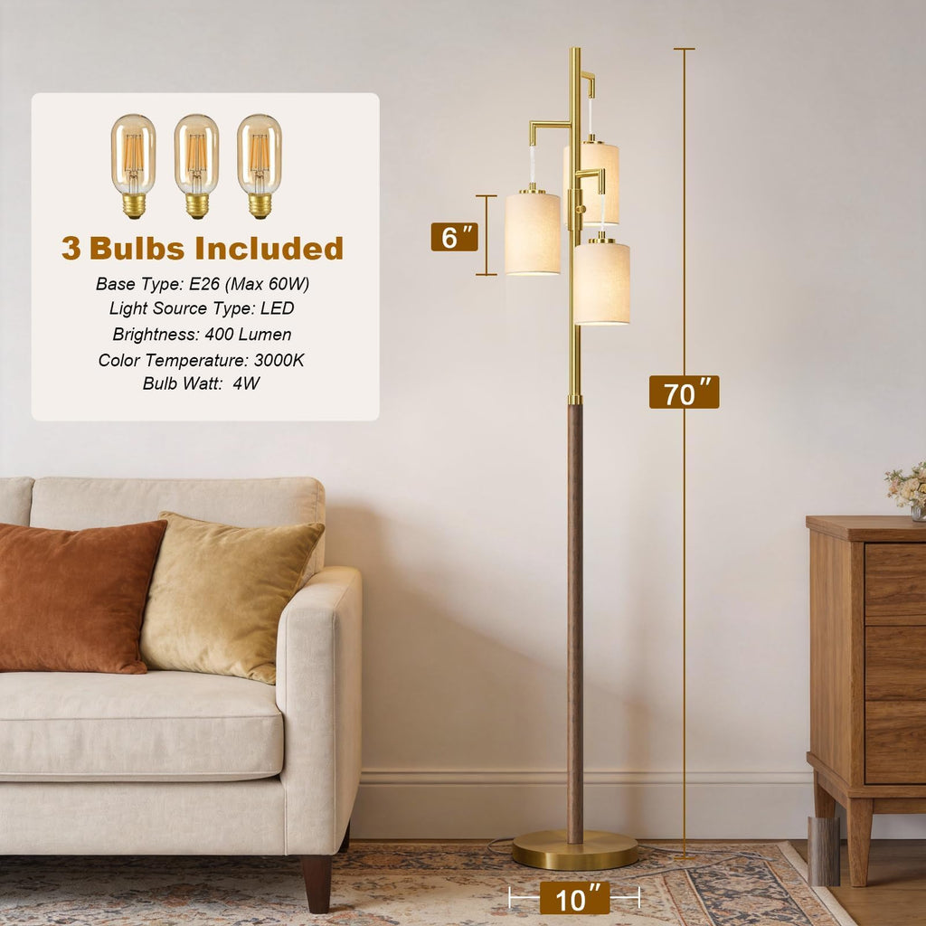 Dimmable Floor Lamps, 70" Wood Walnut Standing Tall Lamp