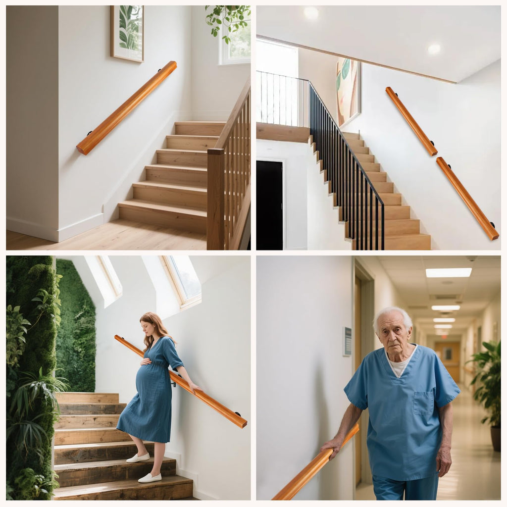2FT Solid Wood Stair Handrail for Indoor Stairs, Outdoors Stair Railings, Sturdy Wall Mounted Non-Slip Safety Design