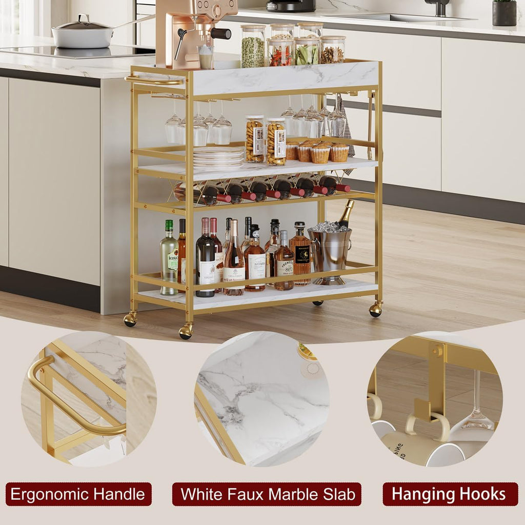 Gold Bar Cart on Wheels with Wine Rack & Glass Holders | 3-Tier, Rolling Serving Cart for liquor, Wine and Beverages