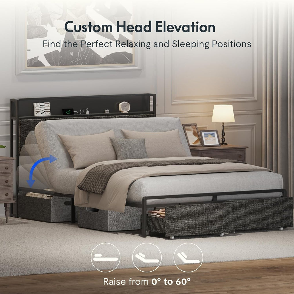 Queen Adjustable Bed with Storage Headboard and Charging