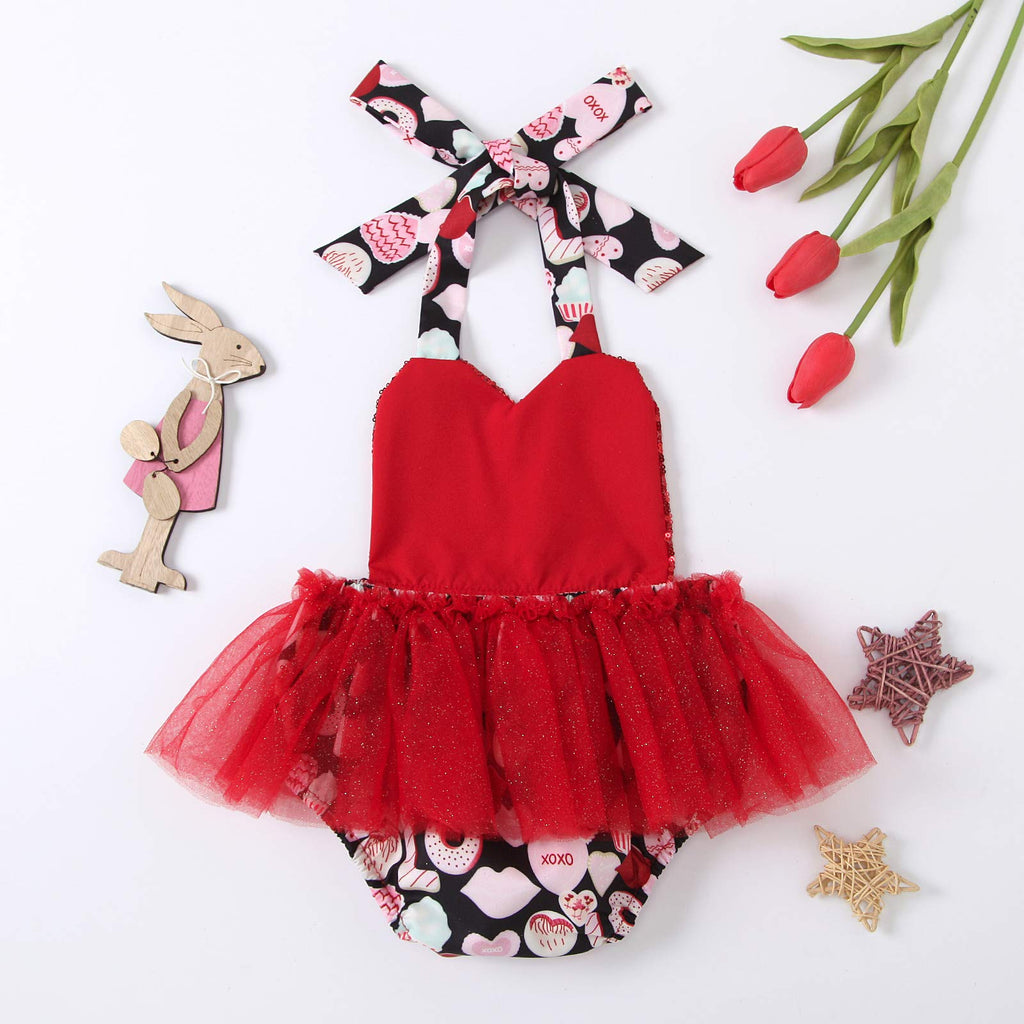 Cute Newborn Infant Baby Girl Sequins Halter Skirted Romper Heart Print Backless Sunsuit Valentine Outfit (Red, 0-6