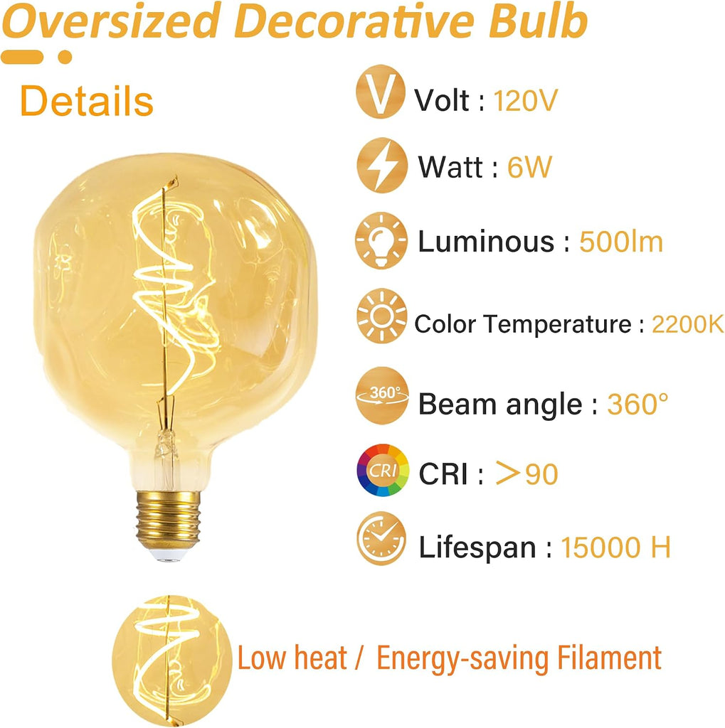 Oversized Decorative LED Light Bulb 6W 600LM E26 Dimmable 2200K, 1 Pack