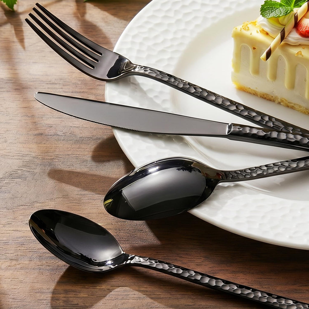 60 Piece Black Silverware Set, 18/10 Stainless Steel Hammered Flatware for12