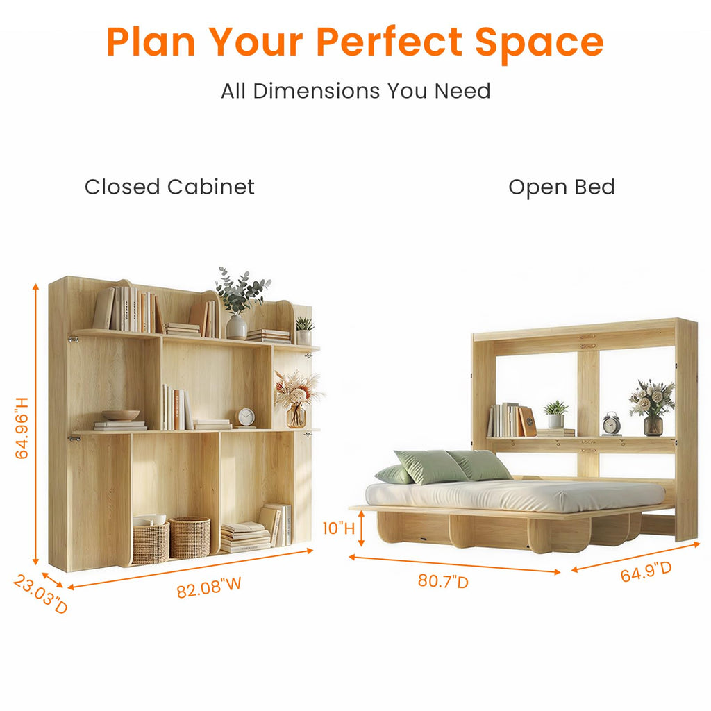 Queen Horizontal Murphy Bed with Storage Shelf-Natural Wood