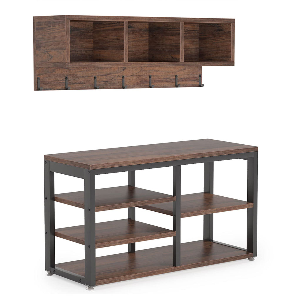 Industrial [Shoe] [Rack] [Bench] with Coat [Rack] Set with Hall Tree, 3 Storage Cubbies, 7 Hooks, 5-in-1Design