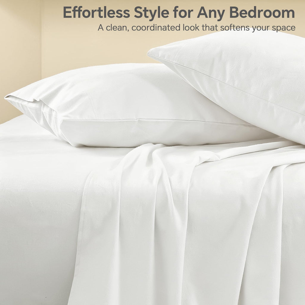 100% Cotton Flannel Sheets, White, 4 Pieces