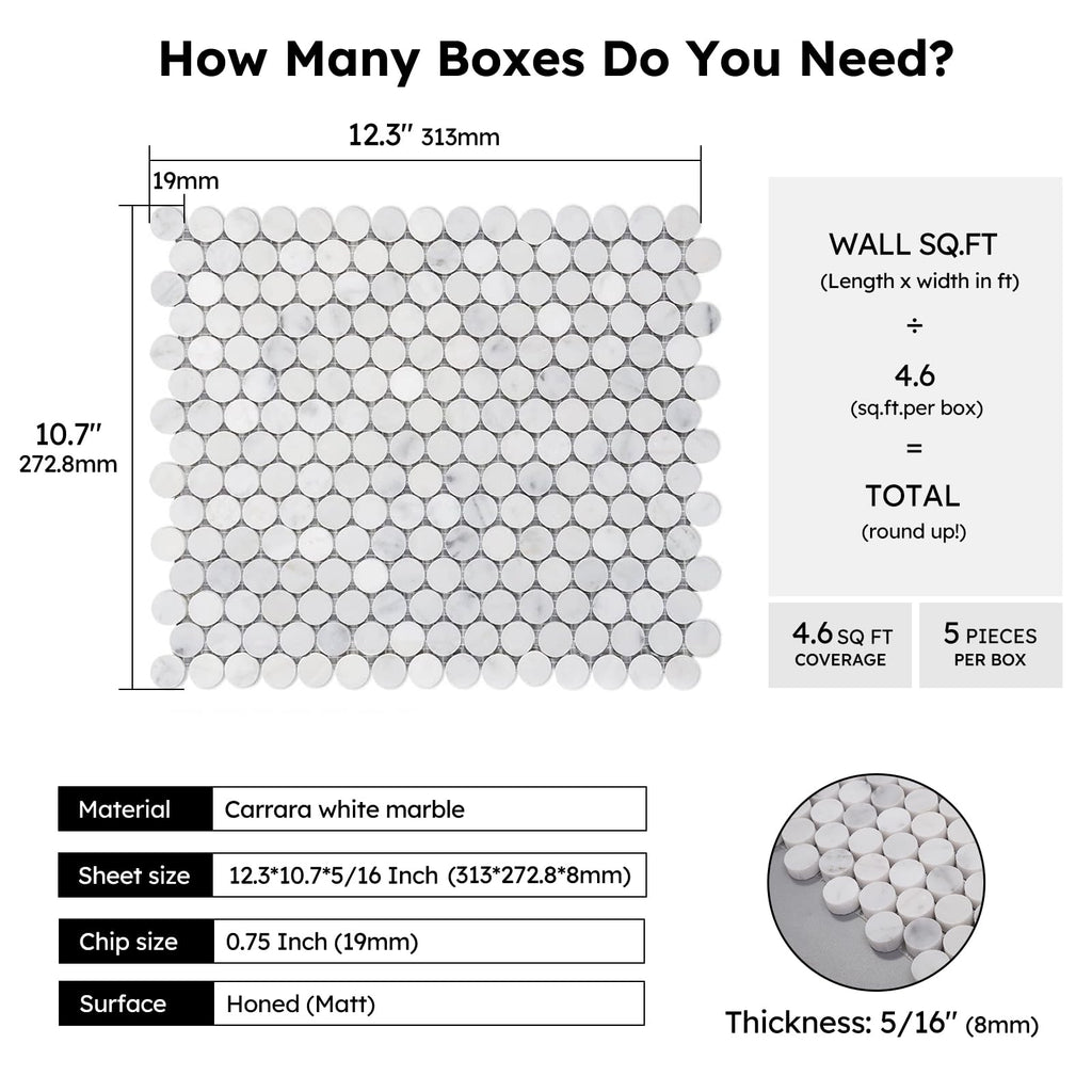 Carrara White Marble Mosaic Tile, 3/4 Inch Penny, Honed, 5 Sheets