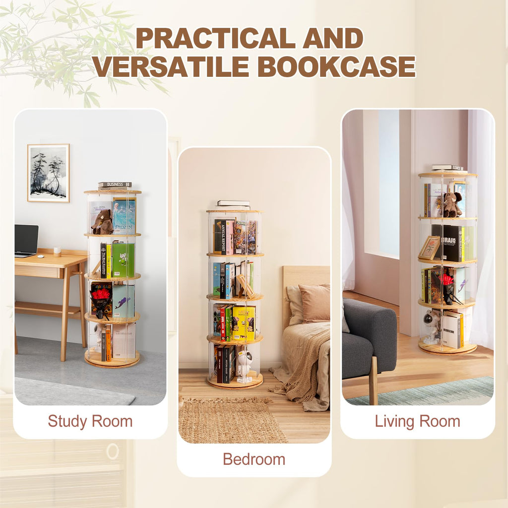 360° Rotating Bookshelf, 4-Tier Spinning Book Shelf Tower with Solid Wood & Clear Acrylic, Round Revolving Bookcase