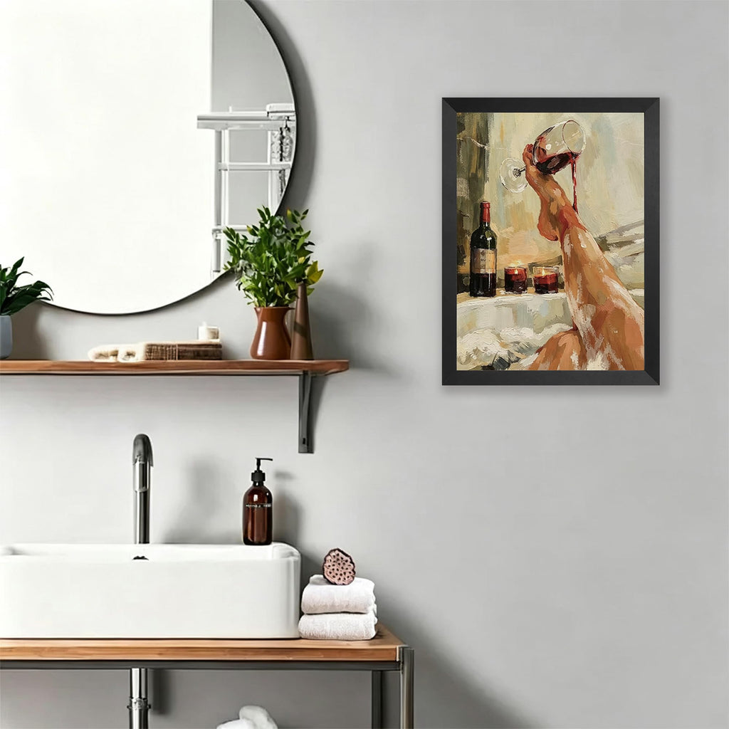 Luxury Bathtub Scene with Wine Glass Wall Art, Elegant Legs & Candlelight Print, Romantic Spa Decor for Master Bath