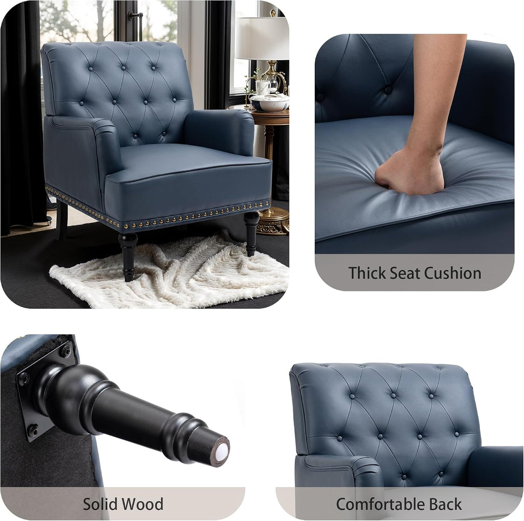 PU Leather Accent Chair, Mid-Century Armchair Living Room Sofa Chair with Rubber Wood Leg, Club Chair with Rivet Trim