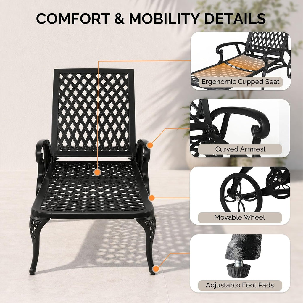 Cast Aluminum Outdoor Chaise Lounge Chair with Wheels, Patio Chaise Lounges with 3-Position Adjustable Backrest, Pool