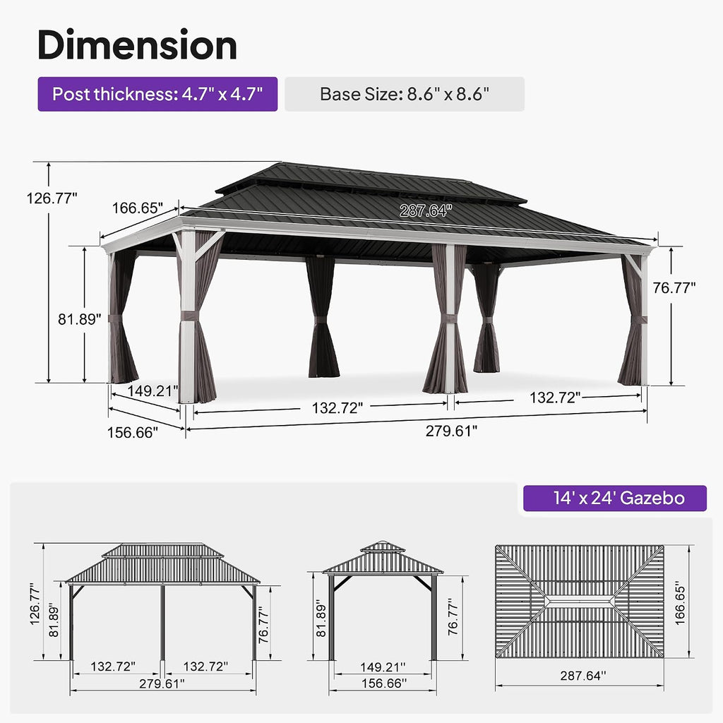 14' X 24' Hardtop Gazebo with Double Galvanized Steel Roof Awning and Upgrade Curtain and Garden, Grey
