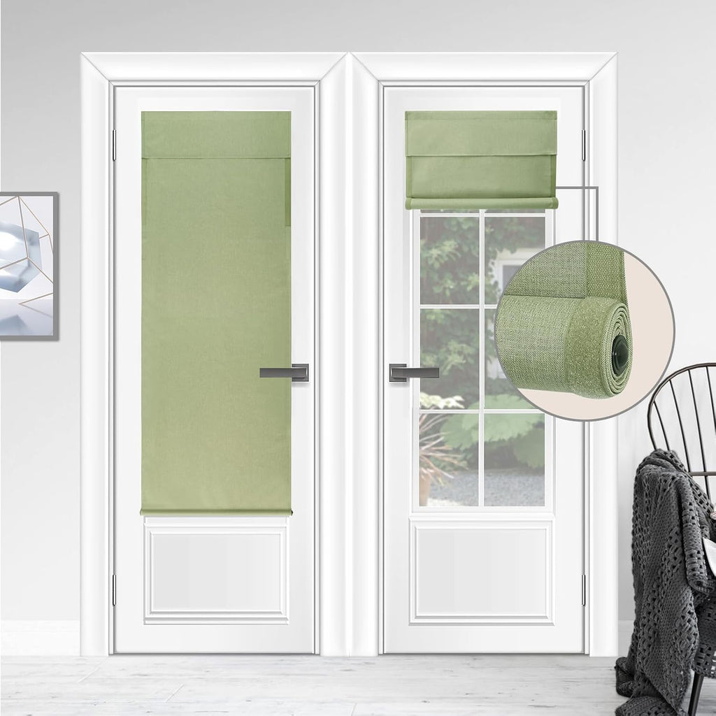 No Drill 100% Blackout French Door Roller Shade,1 Pack. | 26x70", Matcha,Side hook & loop for partial shading;