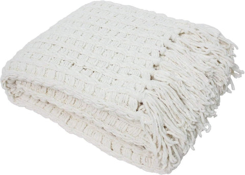 Chenille Luxury Thick Woven Throw with Fringe, 50x60, Cream