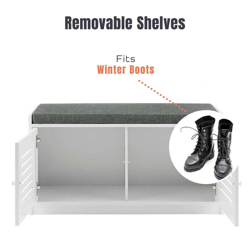 Shoe Storage Bench - Adjustable Shelves & Cushion Seat, White