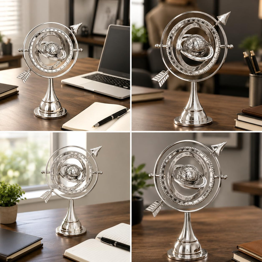 Silver Armillary Sphere Desk Decor - Celestial Globe Astrolabe with Arrow Design, Decorative Antique Showpiece Table.