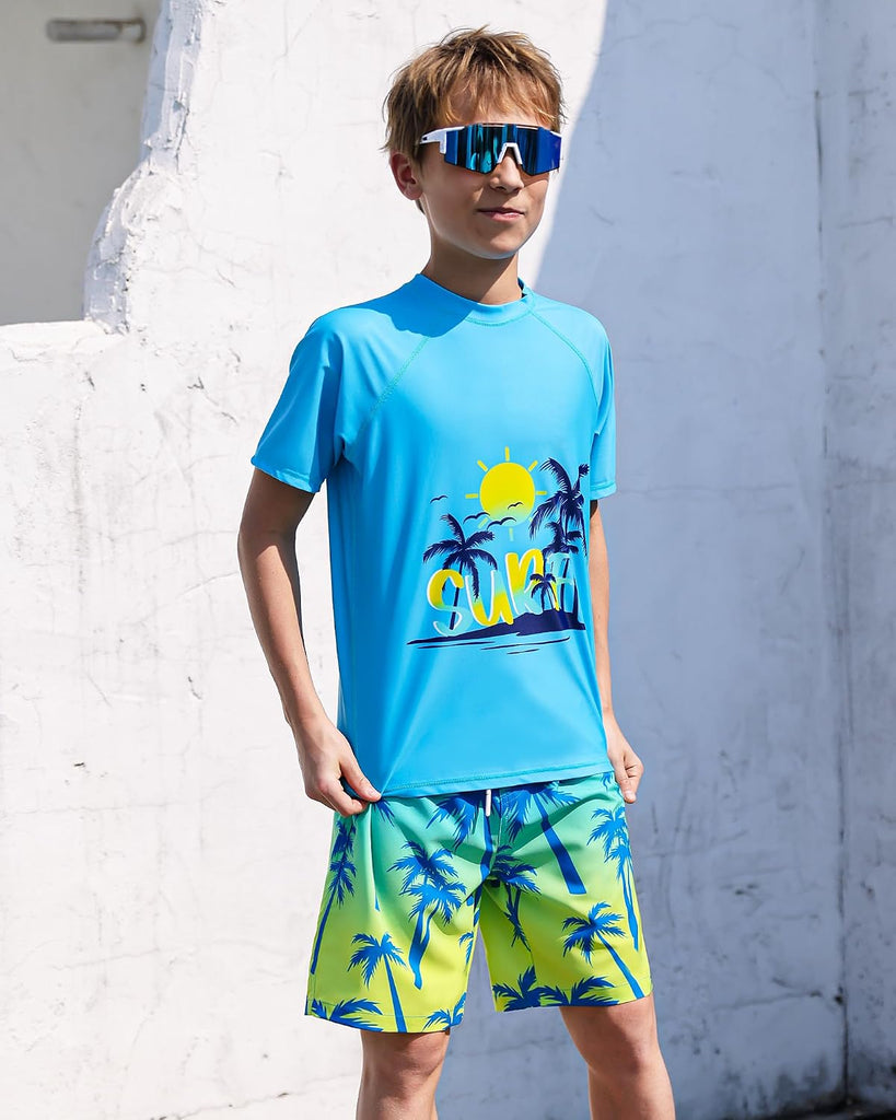 Boys Two Piece Rash Guard Swimsuits Sets Kids Short Sleeve Swimsuits Bathing Suit Swim Trunks Swimwear Set