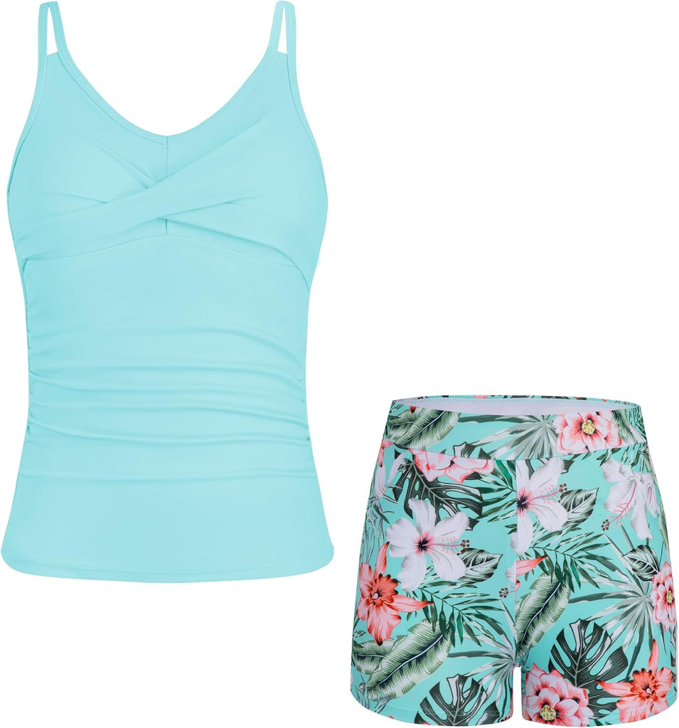 Tween Girls Tankini Swimsuit 2 Piece Bathing Suit Criss Cross Ruched Girl Swimwear with Chest Pad