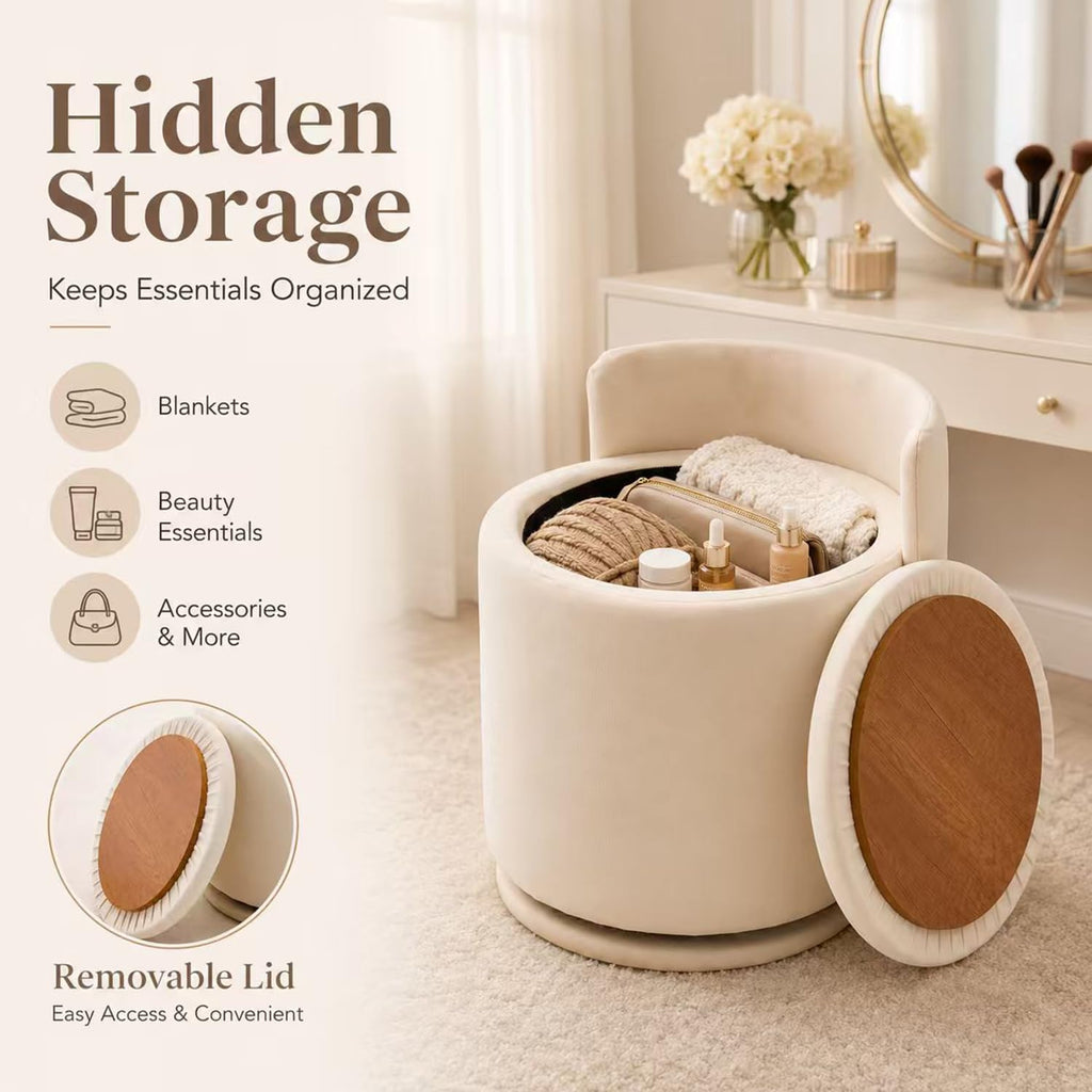 Velvet Ottoman with Storage and Back 360°Swivel Makeup Chair 17" D x 17" W x 20" H Multipurpose Soft Seat Ottoman