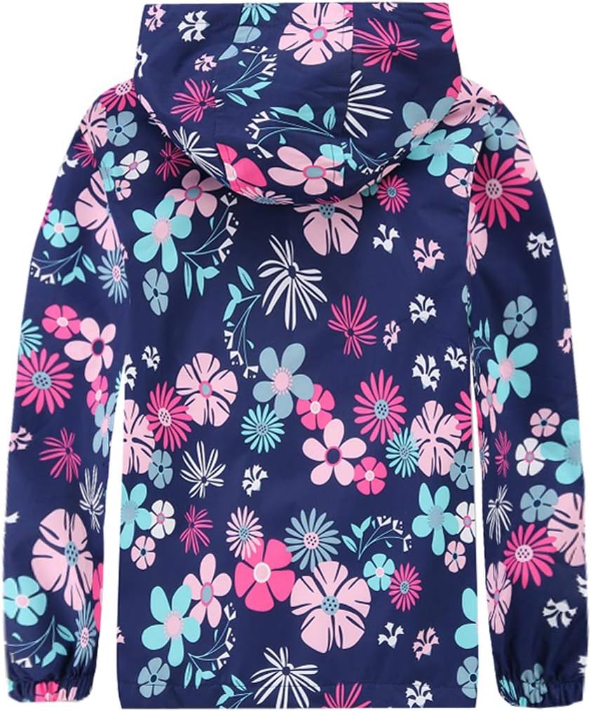 Girls Outdoor Floral Fleece Lined Light Windproof Jacket with Hood