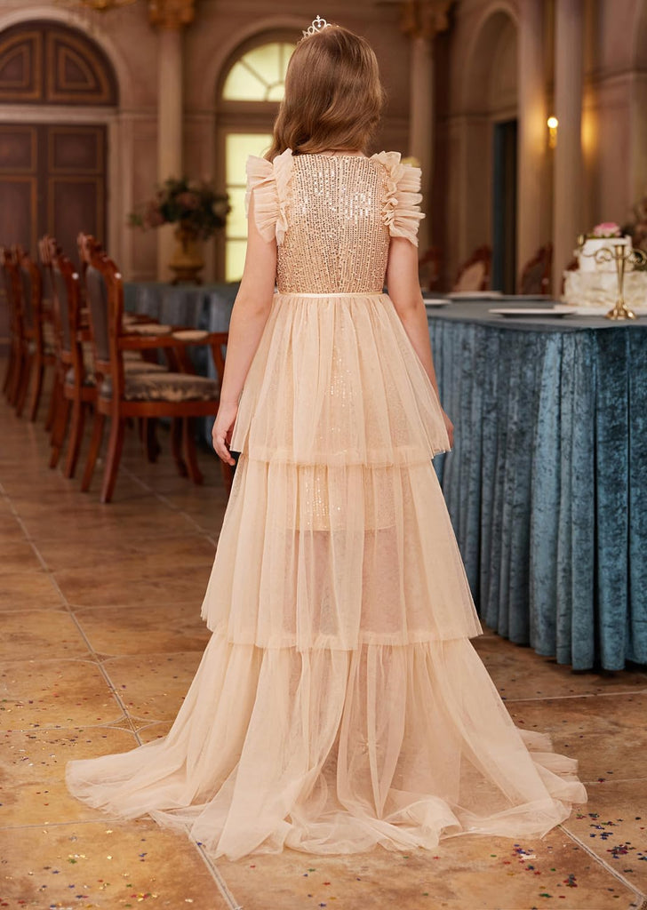 Girls Sequin Formal Pageant Fancy Party Ruffle Prom Maxi Dress
