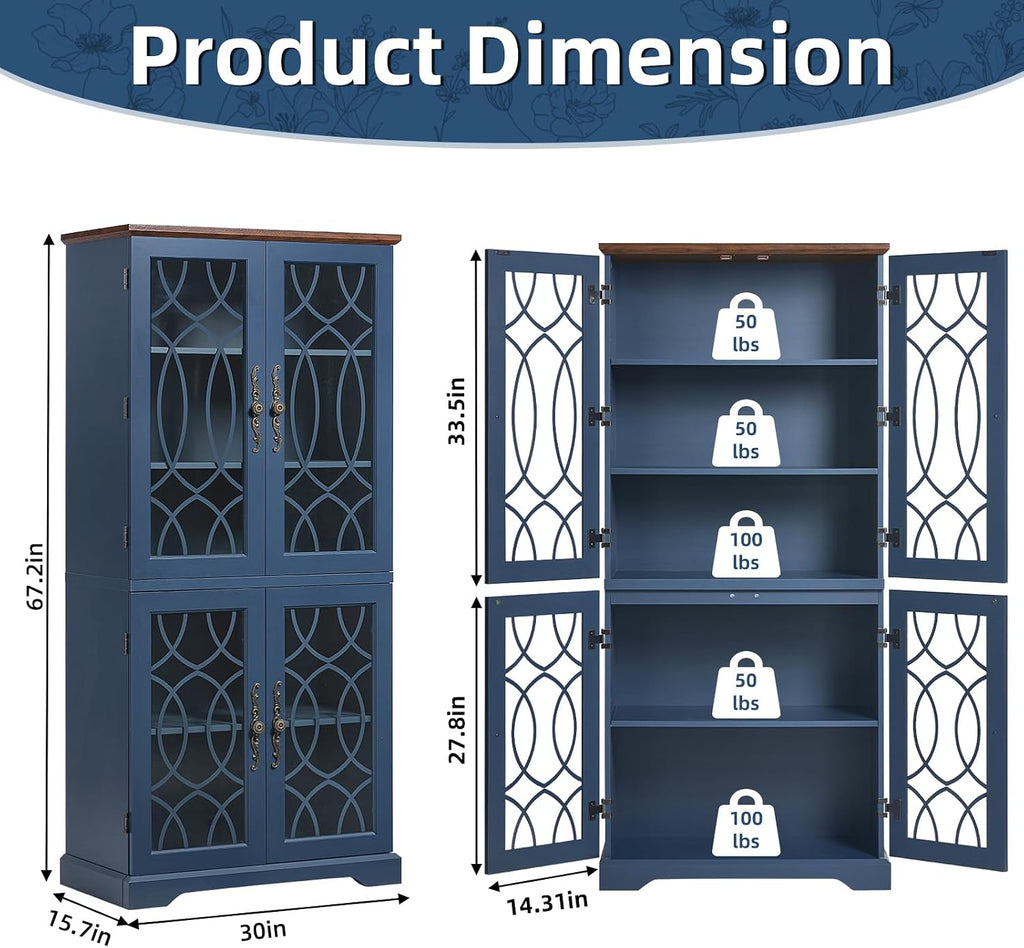 67" Tall Bookshelf, Rustic Book Shelf w/Vintage Pattern Tempered Glass Doors, 5-Tier Wood Bookcase with Adjustable