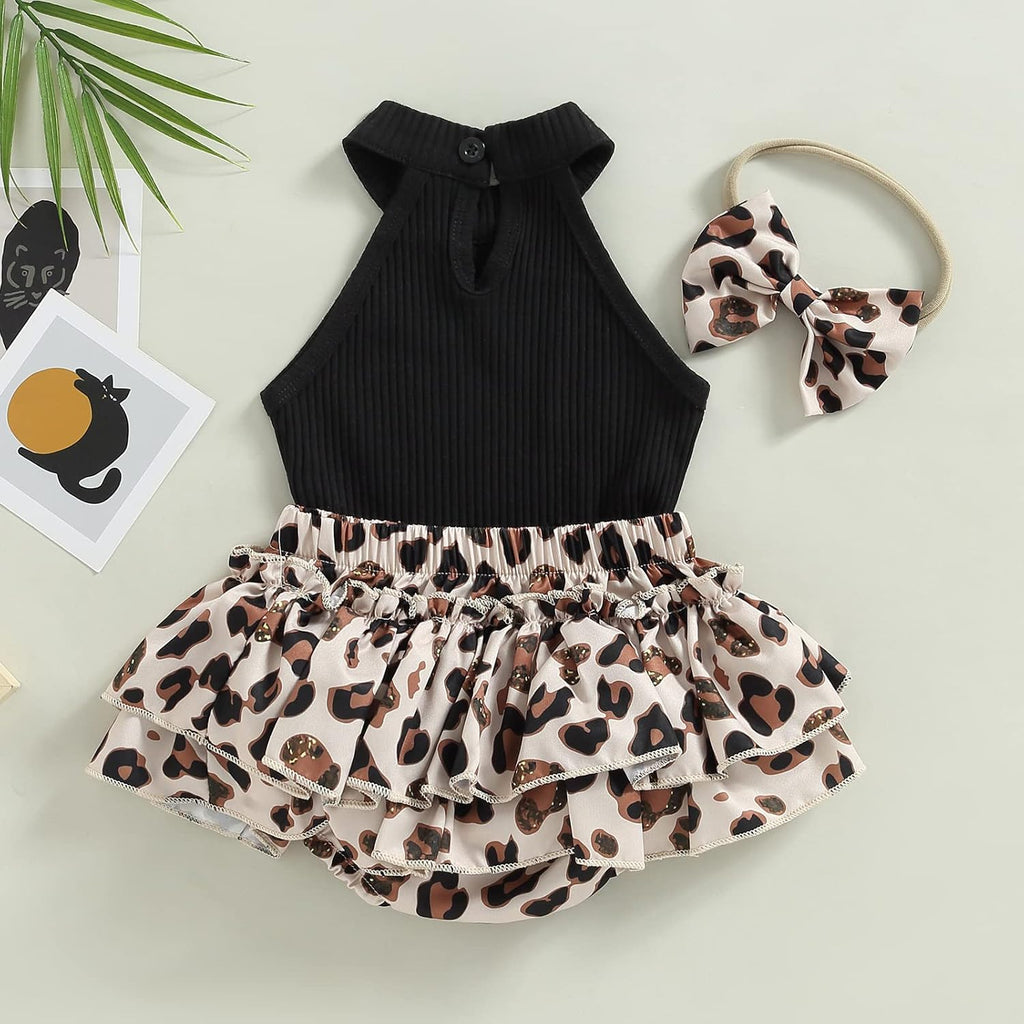 Baby Girl 3Pcs Summer Outfits, Sleeveless Halter Tops+Leopard Print Ruffle Shorts +Headband 3pcs Cheetach Set