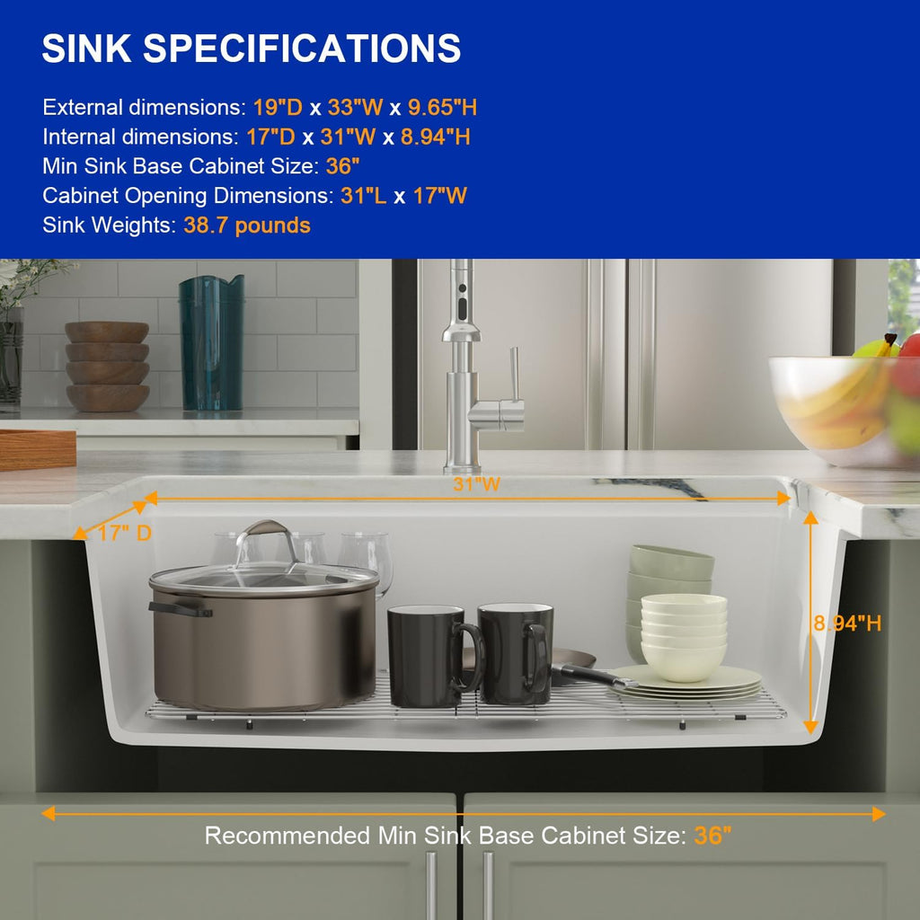 33 In. White Granite Composite Undermount Kitchen Sink Single Bowl Workstation, Quartz 33 Inch Kitchen Sink, 33" x